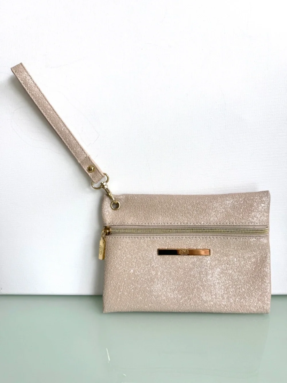 Jones New York Gold Textured Wristlet Clutch Zip Pouch